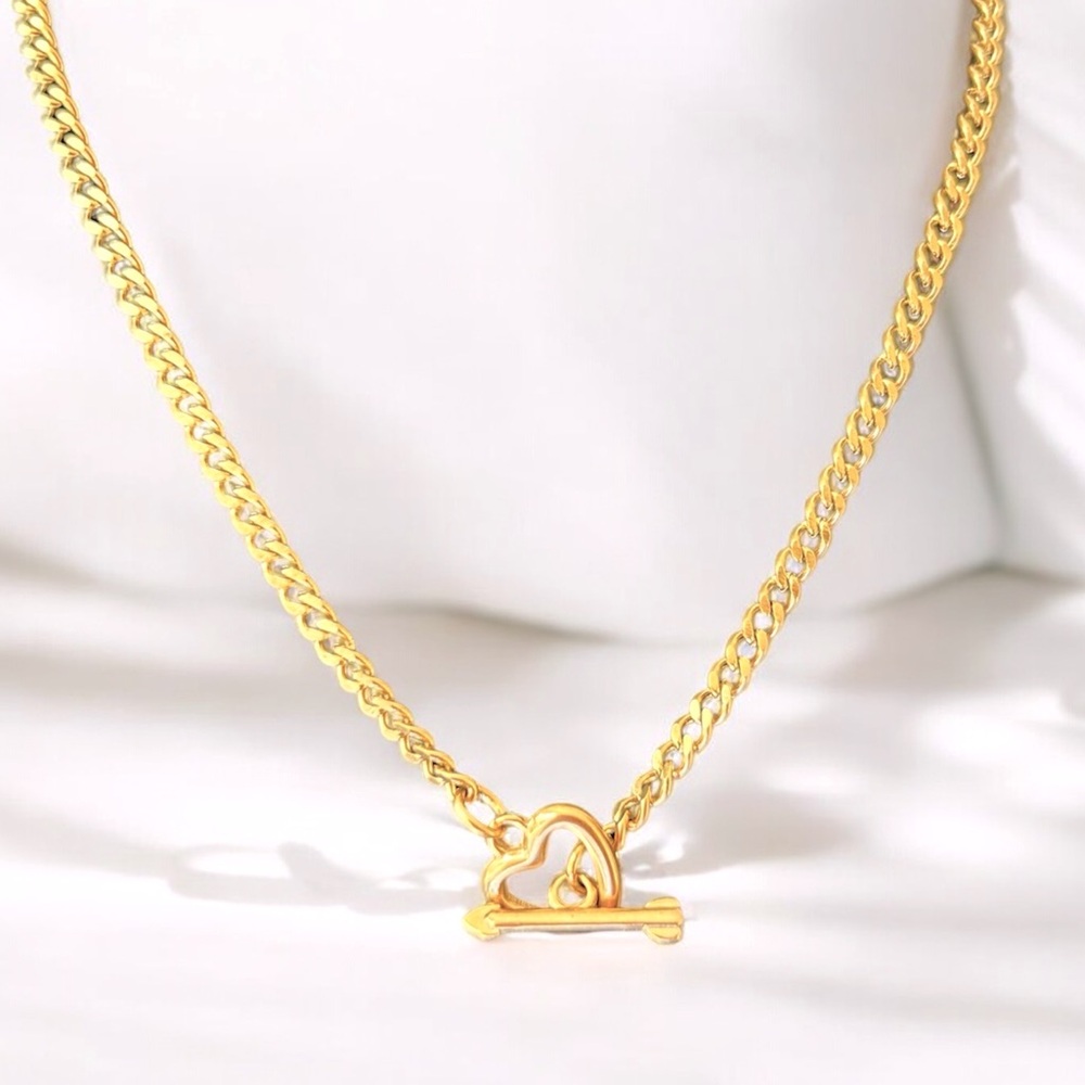 Chain gold toggle clasp heart shape, Curb Cuban waterproof no tarnish shower